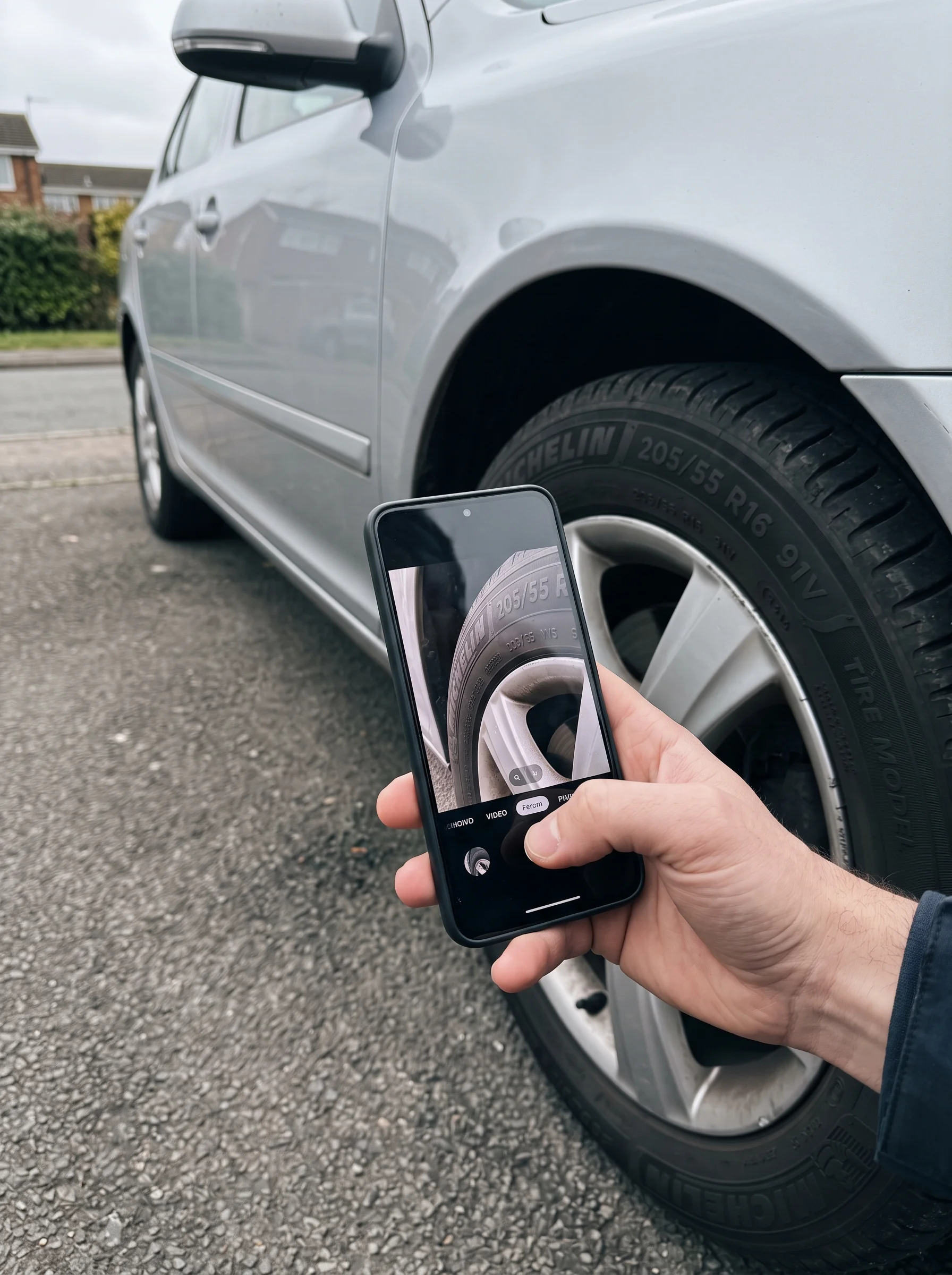 Driver photographing a tyre sidewall with their phone in an office car park
