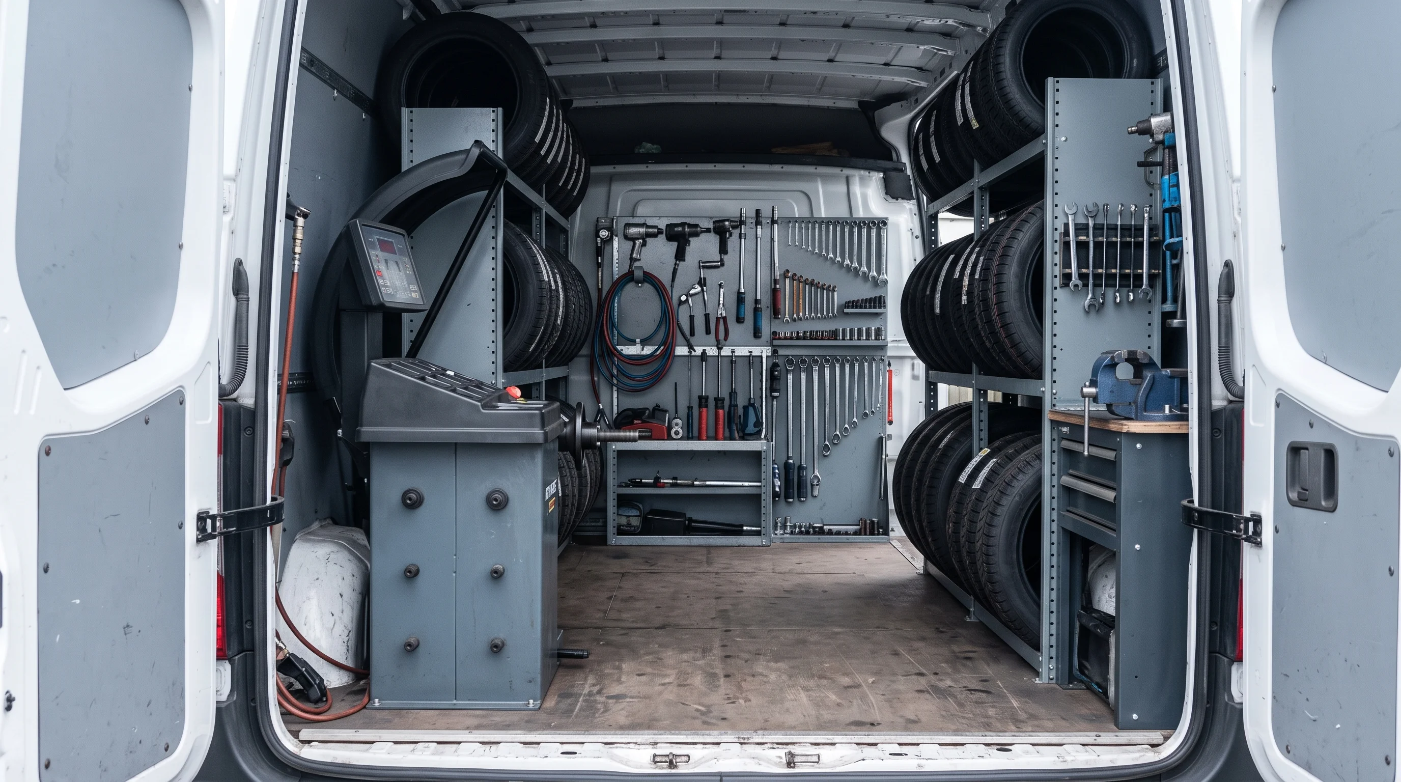 Inside the tyre-fitting van: mounted wheel balancer, torque wrenches racked in order and new tyres slotted upright