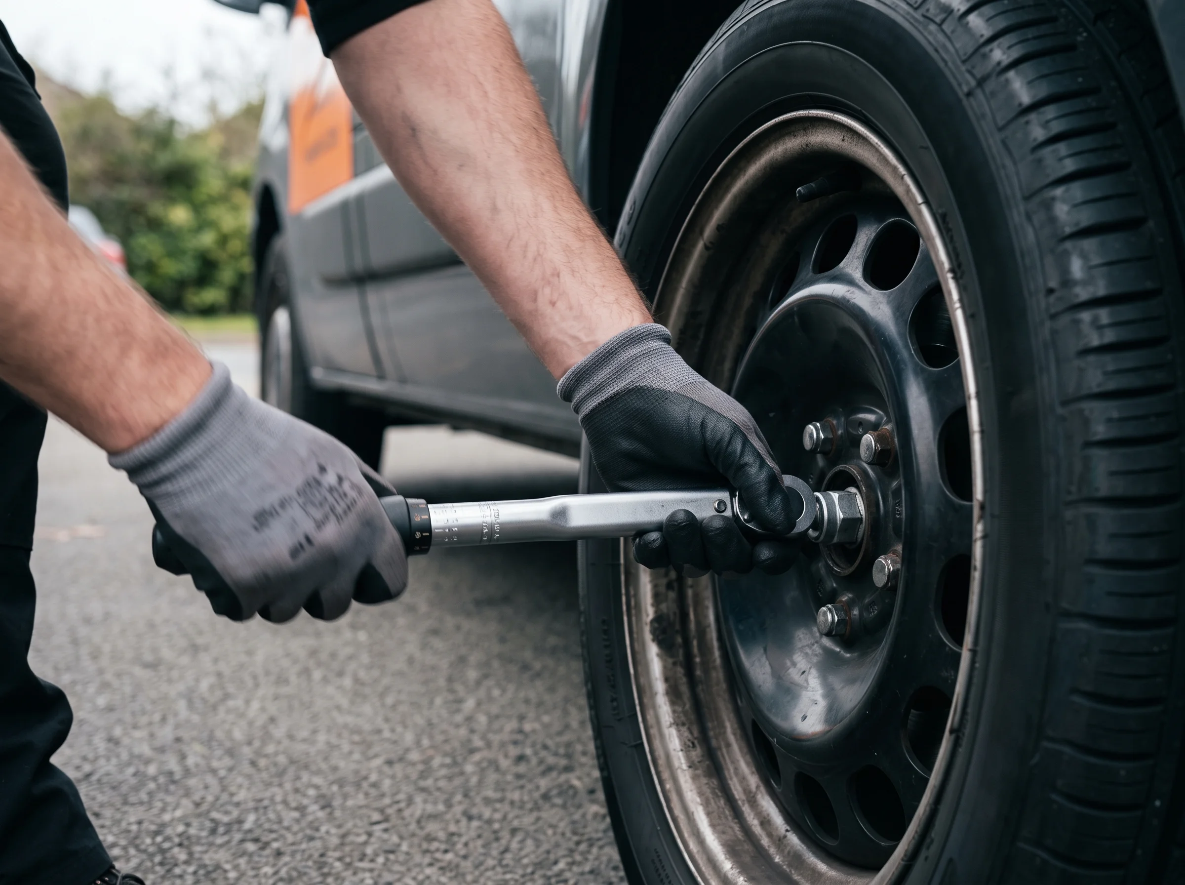 A person wearing work gloves uses a torque wrench on a car wheel nut.