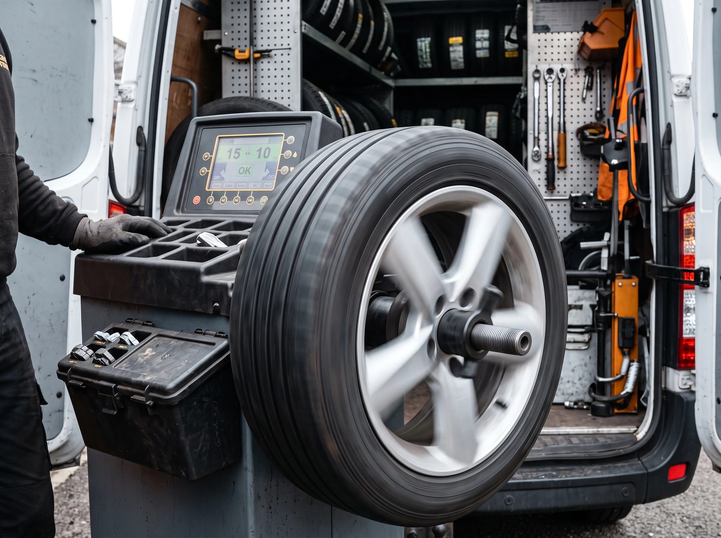Wheel spinning on the van-mounted balancer while the fitter checks the readout
