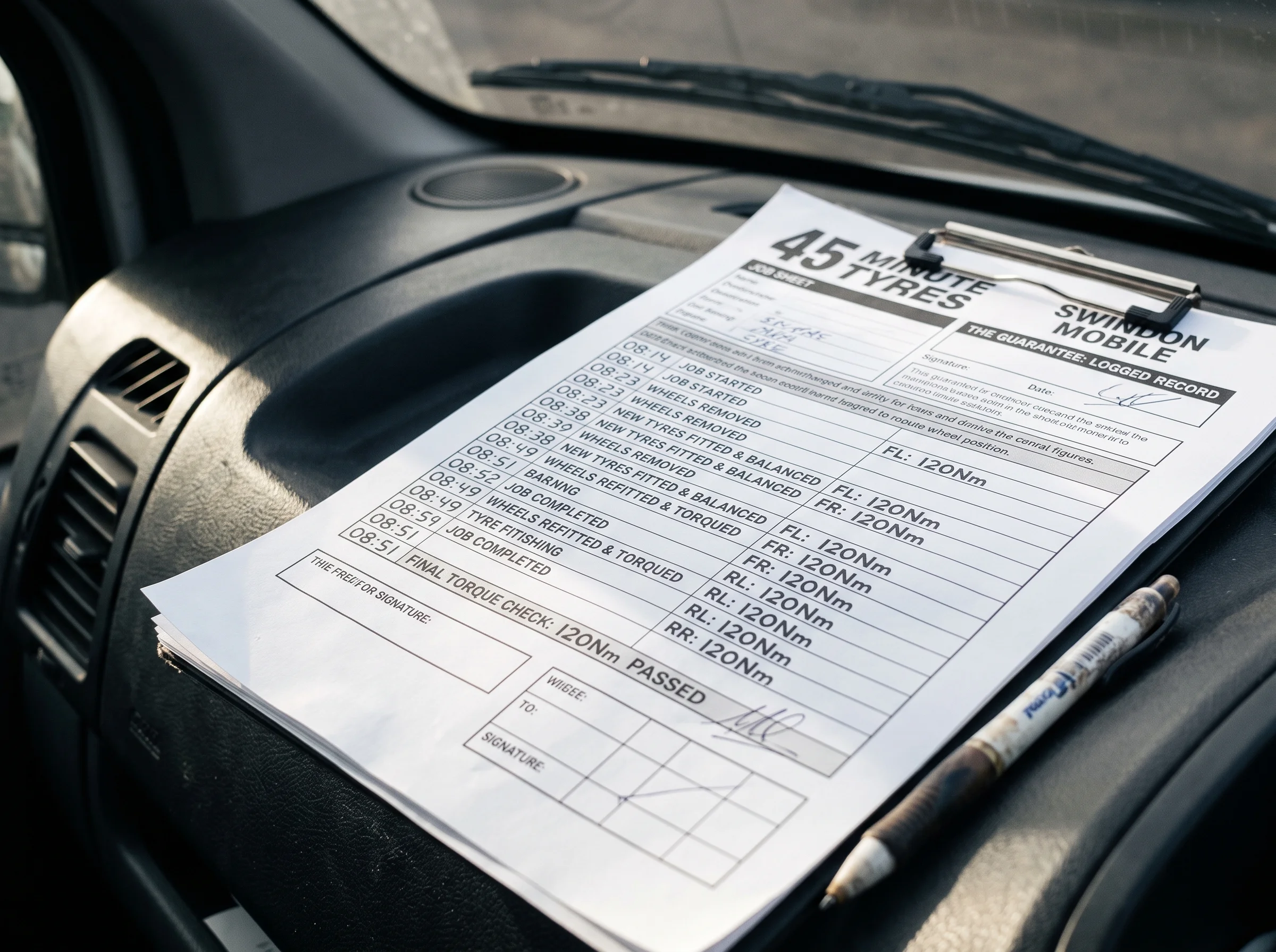 Completed job sheet on the van dashboard showing timestamps, torque figures and a signature