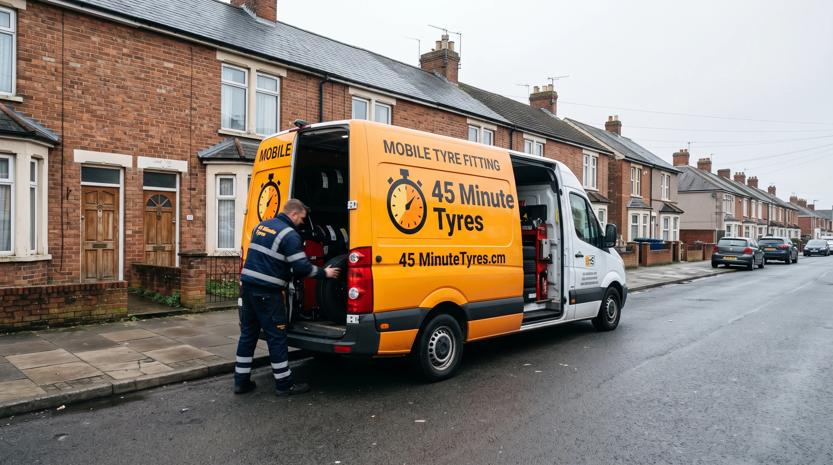 The 45 Minute Tyres van parked at the kerb of a Swindon terraced street with hazard lights on