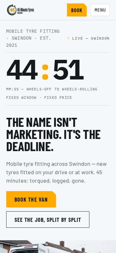 45 Minute Tyres home page on a phone